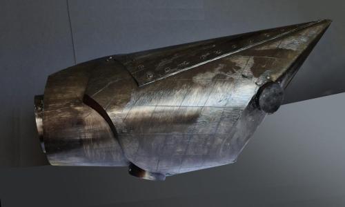 Hybrid Object with a Map, 2023. Aluminum, engraving, black offset paint. Size 64x36x27 cm.